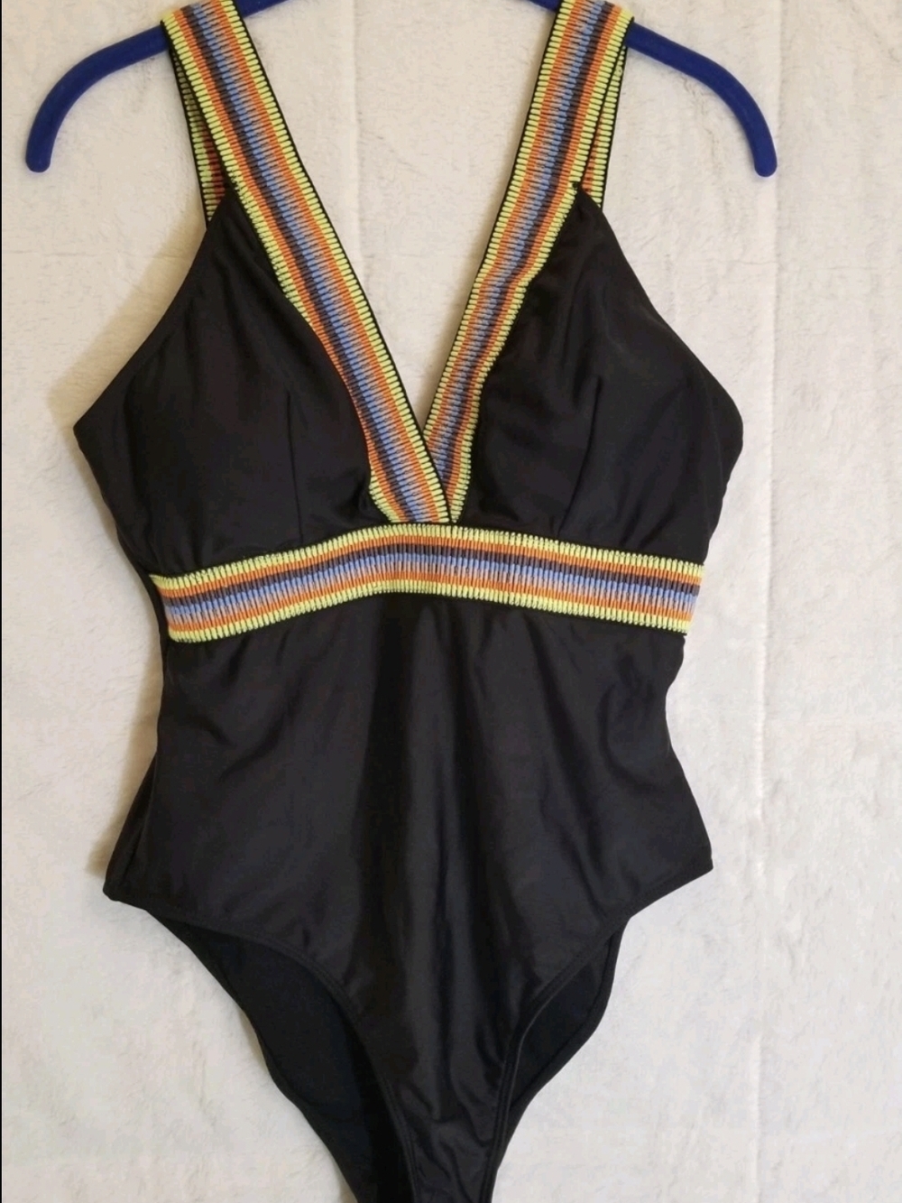 Shein Curve Black One-Piece Swimsuit with Colorful Striped Trim - Picture 7 of 11